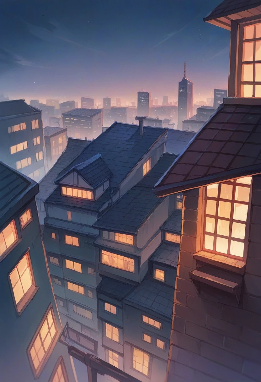 Roof of apartment building at night, side view from above