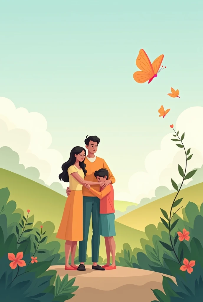 Create illustration in Portuguese with the words welcoming, quality of life, Amemos, humanisation, comfort, dignity, Family, Respect, health, science, interdisciplinarity, autonomy, CAUTION, butterfly shaped right