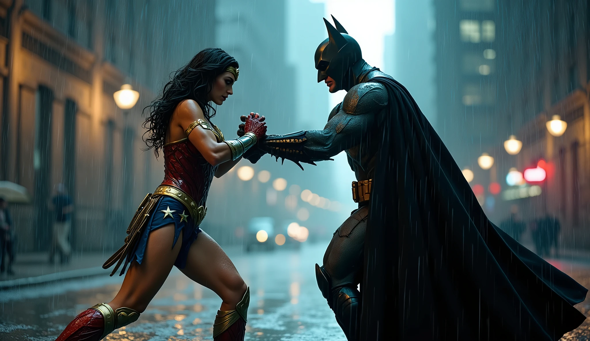 a cinematic full body shot of wonder woman and batman in an epic fight in a heavy rainy gotham city night, raindrops and puddles, rain of battle of heroes, high detailed hero outfits, wet hair and skin, ultra realistic, 4k, cinematic scene, 16:9 aspect ratio, dramatic lighting, dramatic camera angle, dramatic composition, dramatic atmosphere, dramatic action, dramatic pose, dramatic expression, dramatic weather, dramatic environment, dramatic storytelling, dramatic effects