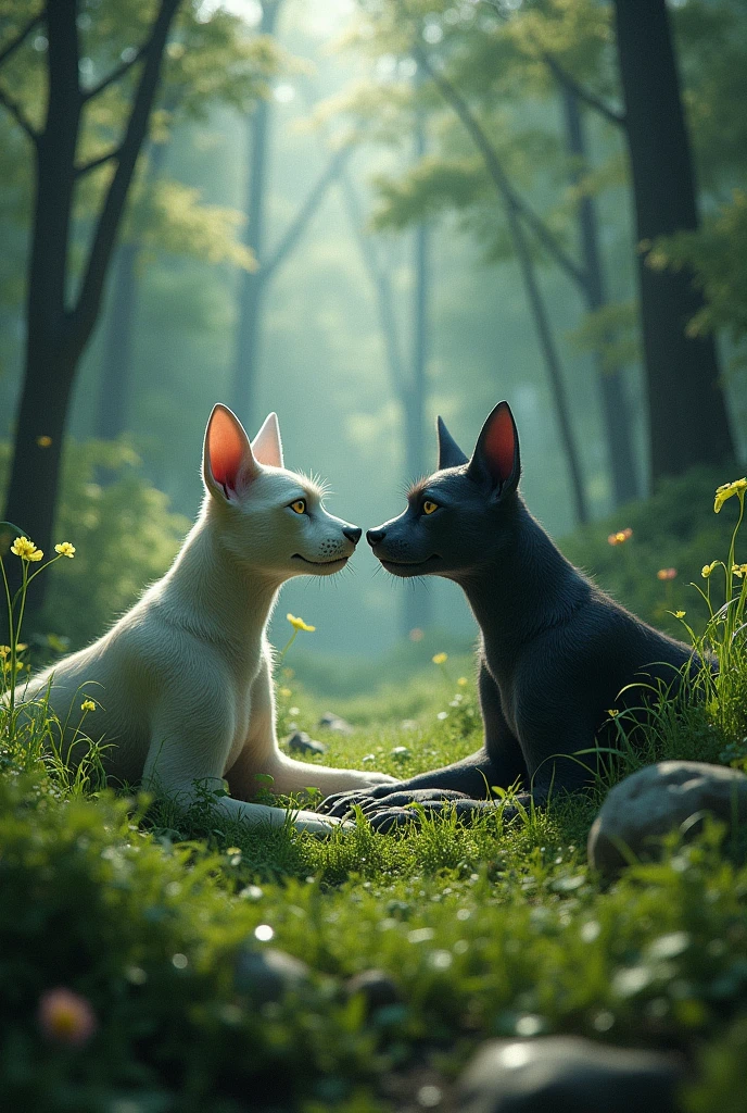 Life and death lying in a grass in the middle of the forest, staring at each other but lying facing opposite directions