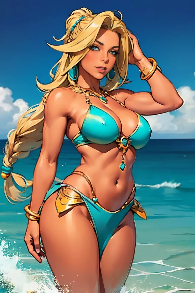 a sorceress, blonde, dreadlocks hair, tanned, athletic, bunda seamless, sexy ass, ((Aqua marine belly dance costumes)), ((Aqua marine jewelry)), water magic, seamless, a sorceress nuclear da água.