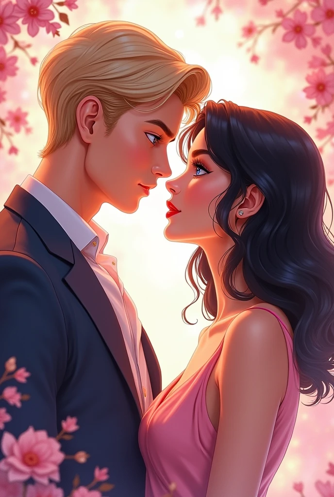 Imagine a cover in pastel tones, I want my protagonists to appear on the cover, looking at each other face to face, straight into the eyes, that your gaze expresses love and desire.
A man with blond hair, disordered, Blue eyes that look piercingly, of tall stature, marked jaw, prominent and masculine features. WITHOUT BEARD A woman with shoulder-length, semi-wavy black hair, dark brown eyes, with fine and elegant features.
BOTH IN ELEGANT CLOTHES