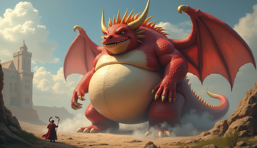 He is a red dragon, Cool, It has golden horns, Wings with hands, Very Obese Dragon, So that the boat touches the ground, The size is like a planet, It has wings and uses various magic. It is fatter and its facial features are so thick that it is bigger than its face, and its belly is swollen like a balloon that is about to burst. The dragon uses various magics and its belly is swollen several times more than its size, making it distracting.!!! His belly is bigger than his body. His belly touches the ground and his body is long. He is 10 heads tall. He is alone. He is too fat. His belly is too big and his legs, arms, face, and everything else are very small compared to his belly fat.