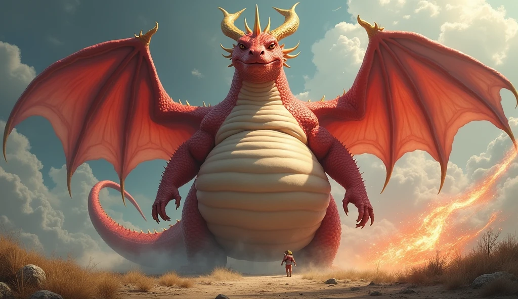 He is a red dragon, Cool, It has golden horns, Wings with hands, Very Obese Dragon, So that the boat touches the ground, The size is like a planet, It has wings and uses various magic. It is fatter and its facial features are so thick that it is bigger than its face, and its belly is swollen like a balloon that is about to burst. The dragon uses various magics and its belly is swollen several times more than its size, making it distracting.!!! His belly is bigger than his body. His belly touches the ground and his body is long. He is 10 heads tall. He is alone. He is too fat. His belly is too big and his legs, arms, face, and everything else are very small compared to his belly fat.