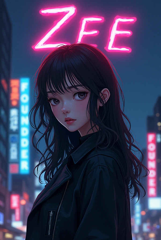 anime woman with dark Tokyo city background, contains luminary writing above, founder and zee name in the photo, font 3D