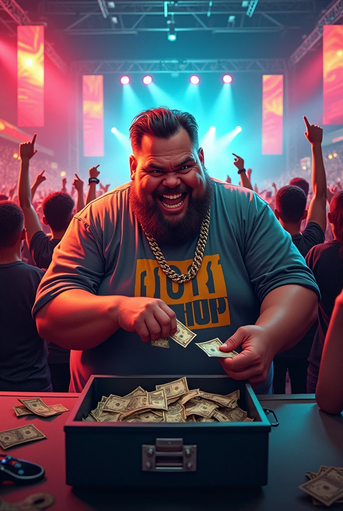 A fat white guy with a mega on his shirt stealing money from a rap event