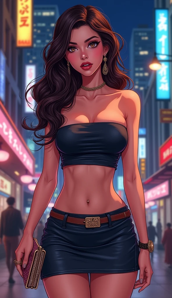 beautiful woman, perfect body proportions, slim fit, big breasts, wavyhair, gorgeous eyes, full lips, fashionista, tube top, mini skirt, clutch purse, outing, big city, photorealistic comic illustration by ayami kojima and akihiko yoshida