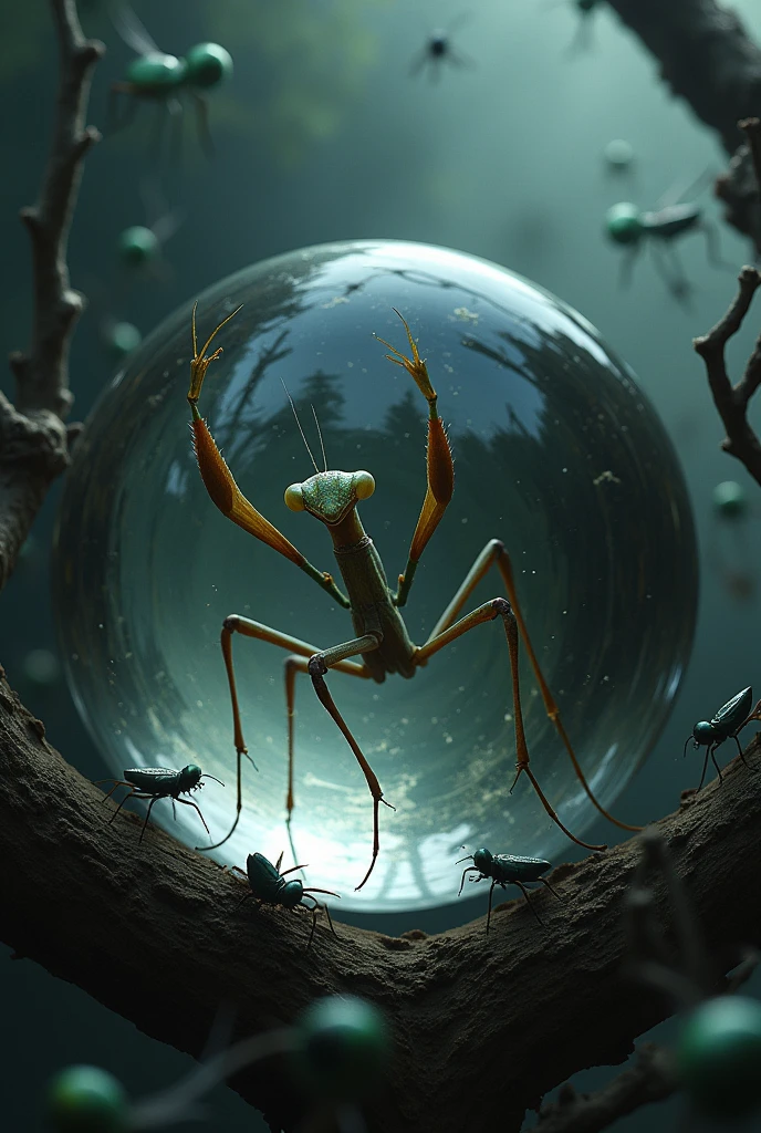 Reflection of a praying mantis in a striking pose in a crystal ball, while around it there are bugs and ugly branches. Let him see the reflection of the mantis inside the ball. Plano Close up