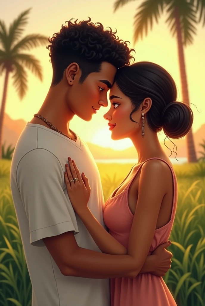 Tall young slim latino Man with the average face of a mexican man except his face has long oval shape has small narrow forehead, low hairline, downturned eyes, high cheekbones, straight eyebrows And straight bumpy wide nose, small mouth, light brown skin, curly black hair Ivy league haircut he Is standing next to a Tall young latina woman with the average face of a mexican woman except her face has long oval shape has small narrow forehead, low hairline, downturned eyes, curved eyebrows And straight wide nose, small mouth, of Curvy silhouette, light brown skin, her hair Is dark chocolate tied in a low bun with no loose strands , they are in a pasture with tropical trees at the distance looking at the camera The man is holding the woman in a tender embrace, with the woman leaning her head gently against his face. They both wear soft, content expressions, radiating warmth and affection.
