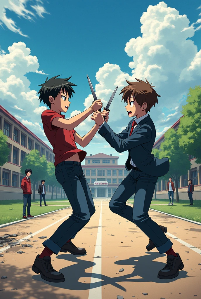 2 anime teenage boys are fighting at school and stabbing eachother with knives
W