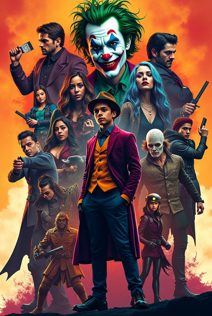 Make a POST Placing ALL the characters below spread across the image, one on top and others below, with Léo Valdez in the middle, Mad Hatter, Cyborg, Joker, Echo (Maya Lopez)
Jason Grace
Leo Valdez
Loki
Nico di Angelo
Piper McLean
Professor Xavier
Reyna Avila
Toph
Thor