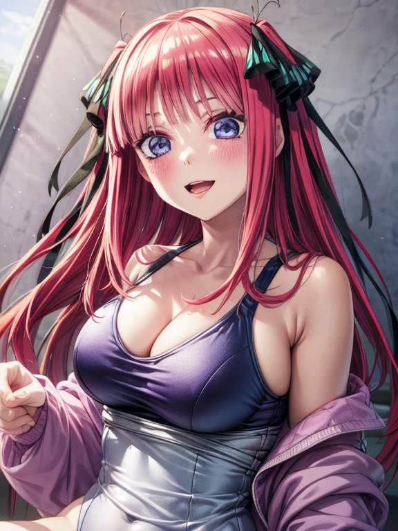 best quality, insanely detailed, nino nakano, breasts, blush, bedroom background, looking at viewer, cheerful eyes,arousal, one-piece swimsuit,add_detail:1.0