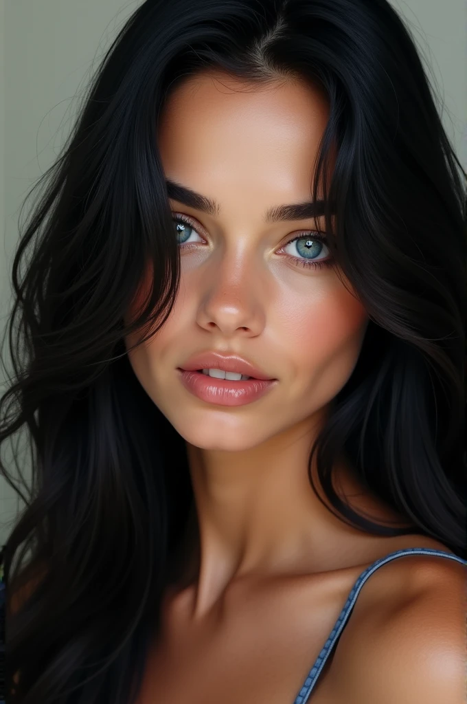 Megan Fox as a young woman with light blue eyes and long jet black hair