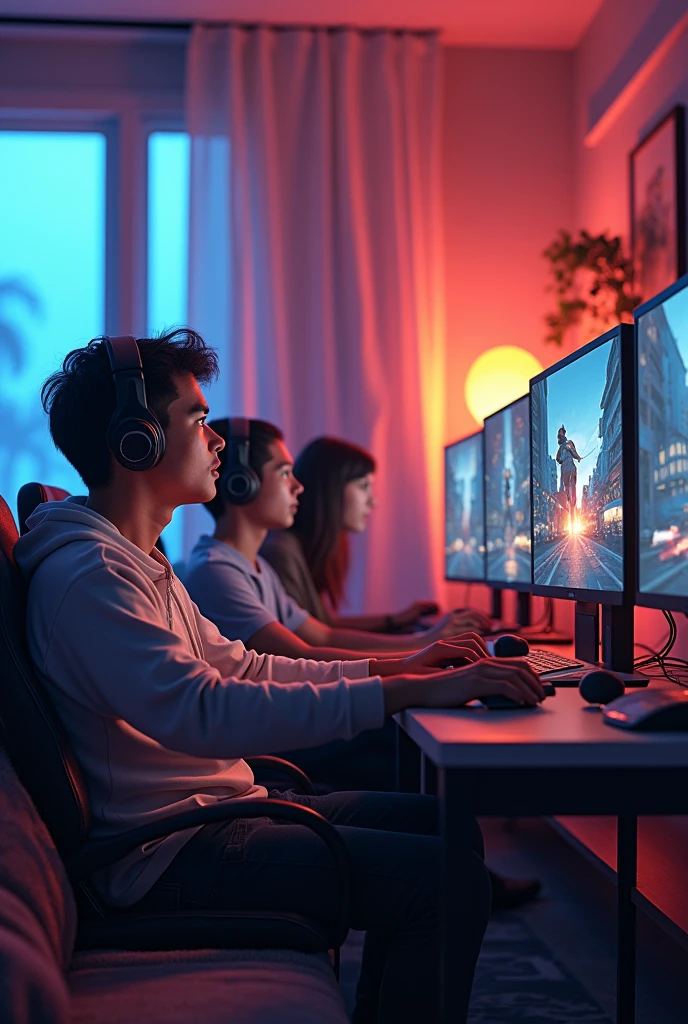 make an image where 5 people appear playing free fire in a x1