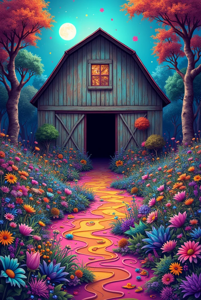 a BARN with a psychedelic garden