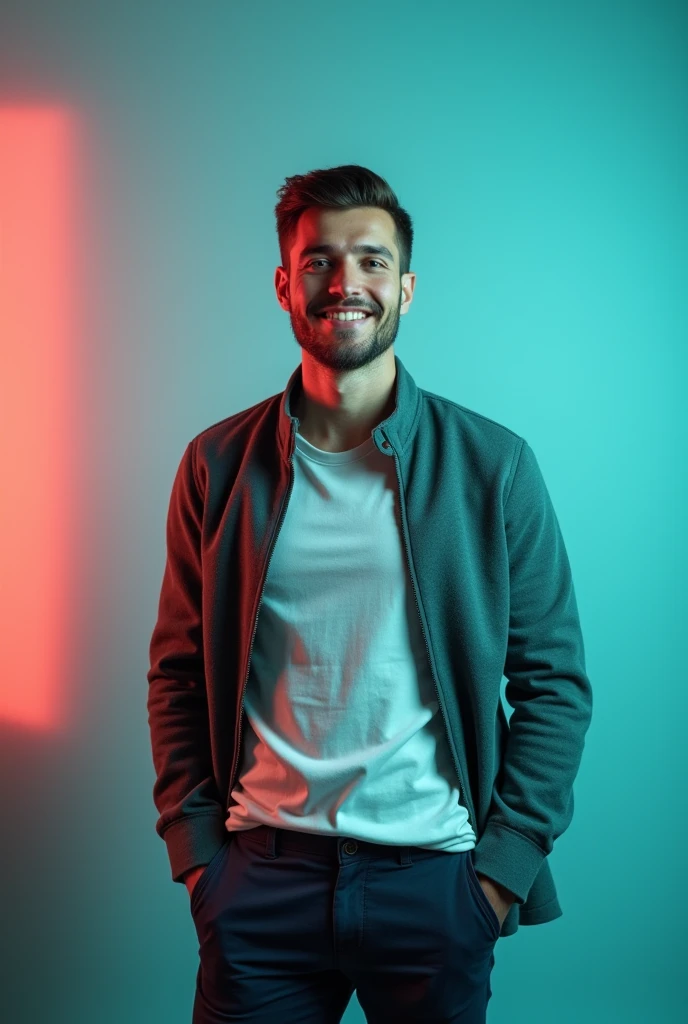 The man is positioned against aqua colour backdrop with a subtle red lighting on the left side. and he posing for LinkedIn profile