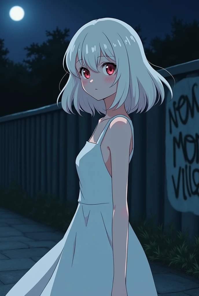 Ghibli style image of a 24 year old albino woman, with short white dress, Red eyes, Long hair, smiling.
It's night.
The background of the image is a black wall, with a graffiti that says: New Moon Village