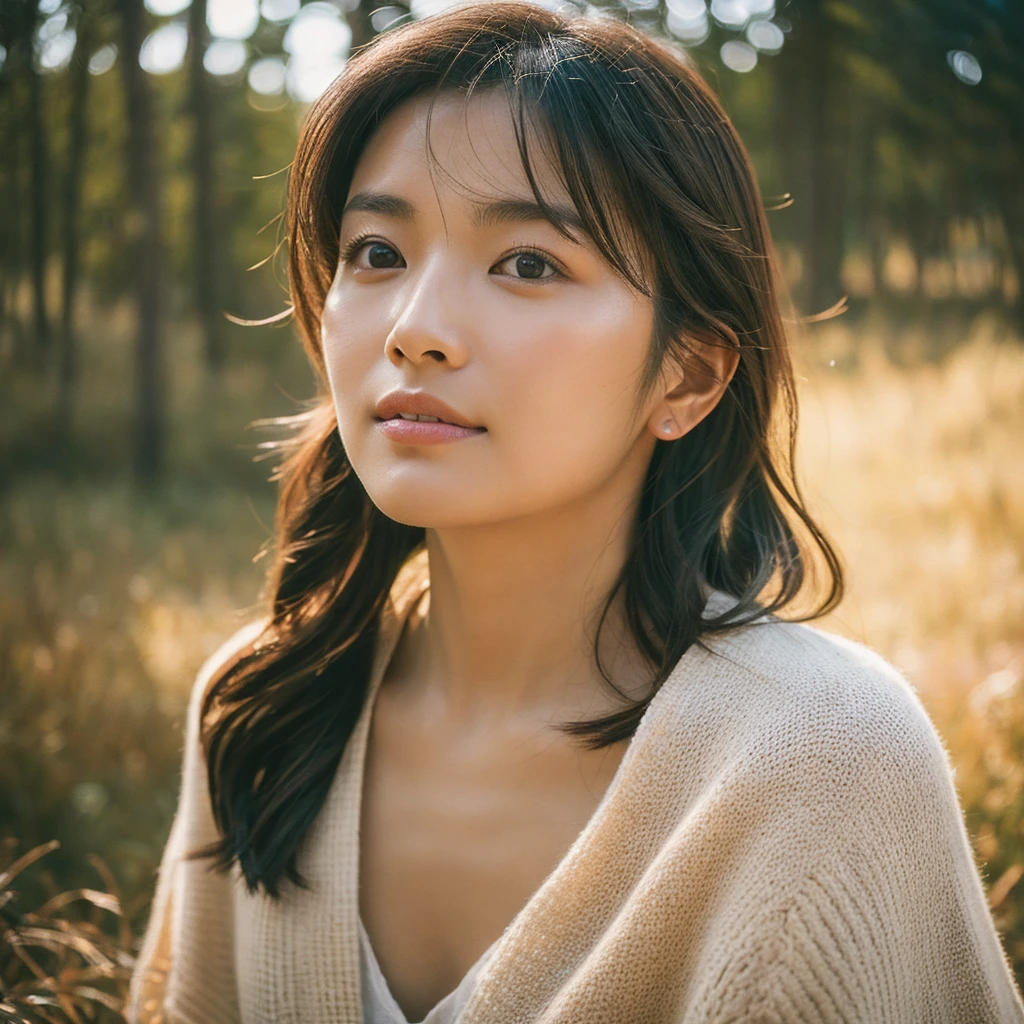 A hyper-realistic image of a single Japanese woman in her early 20s, captured with the rich, nostalgic warmth and pronounced graininess of a film camera. Her skin has a warm beige tone with a natural, slightly rough texture that includes visible pores, fine lines, and subtle imperfections such as small blemishes, enhancing the authenticity of her appearance. The soft, diffused natural light is complemented by the distinctive film grain, creating gentle shadows that lend the image a timeless, organic feel. Her straight, glossy black hair frames her face naturally, and her deep brown eyes reflect the ambient light with a softness characteristic of classic film photography. The film camera effect is further accentuated with a stronger grain and a slight vignette, adding to the overall nostalgic atmosphere while maintaining the realistic texture of her skin. The colors are subtly muted, with warm tones that evoke the aesthetic of vintage film. She is dressed simply, in a way that complements her natural beauty, with the composition designed to evoke a sense of genuine, understated elegance. The enhanced film-like qualities, combined with the natural light and the realistic texture of her skin, ensure that this image captures the imperfections that make her beauty truly lifelike, focusing solely on this one individual.