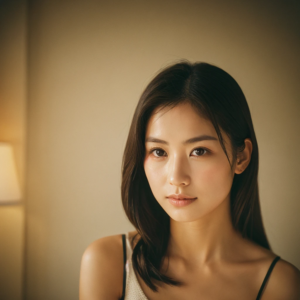 A hyper-realistic image of a single Japanese woman in her early 20s, captured with the rich, nostalgic warmth and pronounced graininess of a film camera. Her skin has a warm beige tone with a natural, slightly rough texture that includes visible pores, fine lines, and subtle imperfections such as small blemishes, enhancing the authenticity of her appearance. The soft, diffused natural light is complemented by the distinctive film grain, creating gentle shadows that lend the image a timeless, organic feel. Her straight, glossy black hair frames her face naturally, and her deep brown eyes reflect the ambient light with a softness characteristic of classic film photography. The film camera effect is further accentuated with a stronger grain and a slight vignette, adding to the overall nostalgic atmosphere while maintaining the realistic texture of her skin. The colors are subtly muted, with warm tones that evoke the aesthetic of vintage film. She is dressed simply, in a way that complements her natural beauty, with the composition designed to evoke a sense of genuine, understated elegance. The enhanced film-like qualities, combined with the natural light and the realistic texture of her skin, ensure that this image captures the imperfections that make her beauty truly lifelike, focusing solely on this one individual.