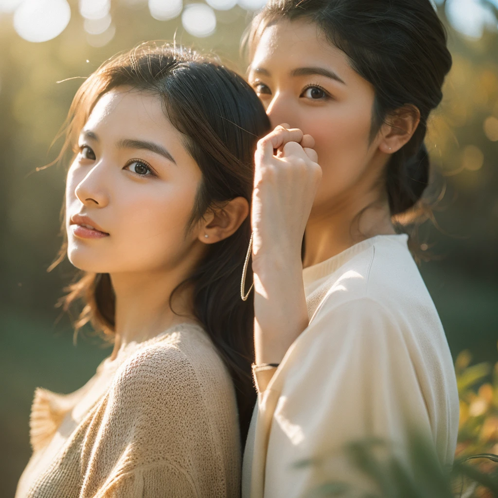 A hyper-realistic image of a single Japanese woman in her early 20s, captured with the rich, nostalgic warmth and pronounced graininess of a film camera. Her skin has a warm beige tone with a natural, slightly rough texture that includes visible pores, fine lines, and subtle imperfections such as small blemishes, enhancing the authenticity of her appearance. The soft, diffused natural light is complemented by the distinctive film grain, creating gentle shadows that lend the image a timeless, organic feel. Her straight, glossy black hair frames her face naturally, and her deep brown eyes reflect the ambient light with a softness characteristic of classic film photography. The film camera effect is further accentuated with a stronger grain and a slight vignette, adding to the overall nostalgic atmosphere while maintaining the realistic texture of her skin. The colors are subtly muted, with warm tones that evoke the aesthetic of vintage film. She is dressed simply, in a way that complements her natural beauty, with the composition designed to evoke a sense of genuine, understated elegance. The enhanced film-like qualities, combined with the natural light and the realistic texture of her skin, ensure that this image captures the imperfections that make her beauty truly lifelike, focusing solely on this one individual.