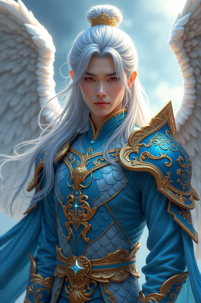 Handsome xianxia protagonist,man,guy,silverish long hair,golden amber eyes and long silver hair,use armour dragon with azure color and white dominant,with majestic golden line ,held sword star, wings at back,24K ultra hd,face and eyes detail,better quality 