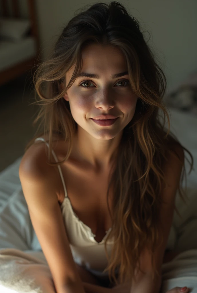 16:9 photograph, taken with a cell phone at a distance that shows the entire body, She is very young, At home in her room, sad about lost love, long brown hair, a softened ironic smile - restrained excited happiness, soft lighting on her face, realistic textures of skin-clothes-hair, carpeted sky-blue-fog eyes, beautiful real textures and delicate aesthetics, seeing herself in full body, remarkable tribute to the natural feminine beauty of the body, noise, 8k quality, RAW PHOTO, by professional photographer, rule of thirds, extremely detailed