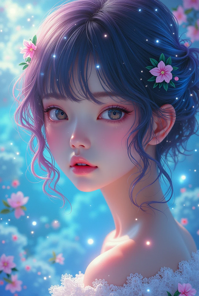 (Japanese girl:1.3), big beautiful detailed eyes, beautiful detailed lips, extremely detailed eyes and face, long eyelashes, upper body, from side, looking at viewer, (fractal art:1.3), (rainbow color hair, colorful hair, half blue and half pink hair:1.2), water, liquid, cloud, colorful, starry, stars, (best quality, 4k, 8k, highres, masterpiece:1.2), ultra-detailed, (realistic, photorealistic, photo-realistic:1.37), vibrant colors, studio lighting, extremely detailed description, professional, concept art, ulzzang,