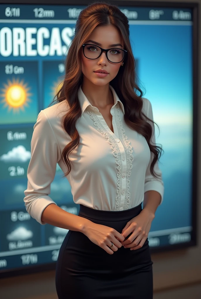 1woman, (realist:1), long brunette hair, hazel eyes, happy, Whole body, nakedness, symmetrical body, model revealing the perfect breasts, sexy portion, dressed in a sexy business attire, black pencil skirt, white blouse with ruffles, librarian black glasses, hair in a high neat bun, her occupation is a weather forecaster, standing by the Weather screen showing the weather for the week