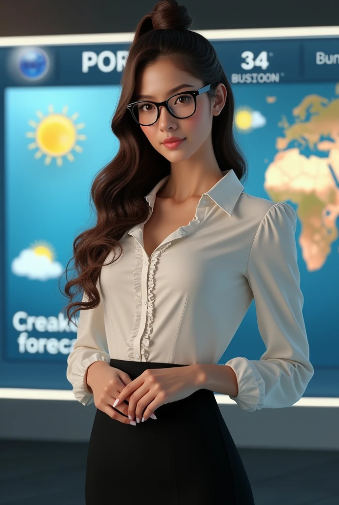 1woman, (realist:1), long brunette hair, hazel eyes, happy, Whole body, ness, symmetrical body, model revealing the perfect breasy portionressed in a sexy business are, black pencil skirt, white blouse with ruffles, librarian black glasses, hair in a high neat bun, her occupation is a weather forecaster, standing by the Weather screen showing the weather for the week