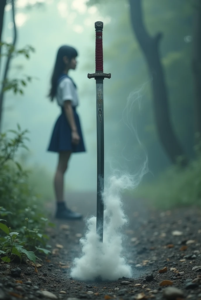 editorial photography,super detailed background,Super realistic,double exposure,depth of field,beauty super slender skinny vides,soft focus pure tone,narrative scene,White smoke rises from the blade of a long Japanese sword,the katana is stuck in the ground,girl beyond,sailor suit,