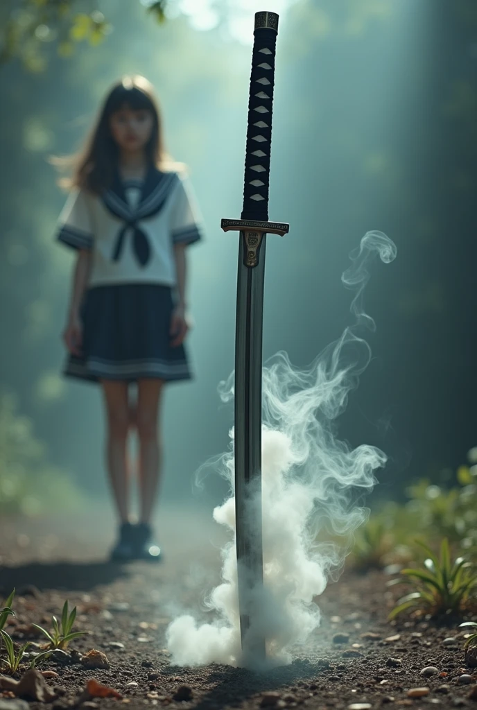 editorial photography,super detailed background,Super realistic,double exposure,depth of field,beauty super slender skinny vides,soft focus pure tone,narrative scene,White smoke rises from the blade of a long Japanese sword,the katana is stuck in the ground,girl beyond,sailor suit,