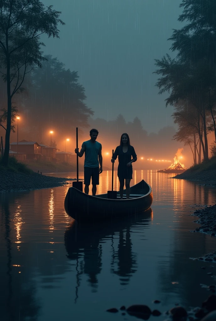 Seen from the perspective of a riverside village with a bonfire as the rainy night falls, a couple approaching, coming from the bottom to the front, in the same canoe on the river, the two are standing each with a shovel.