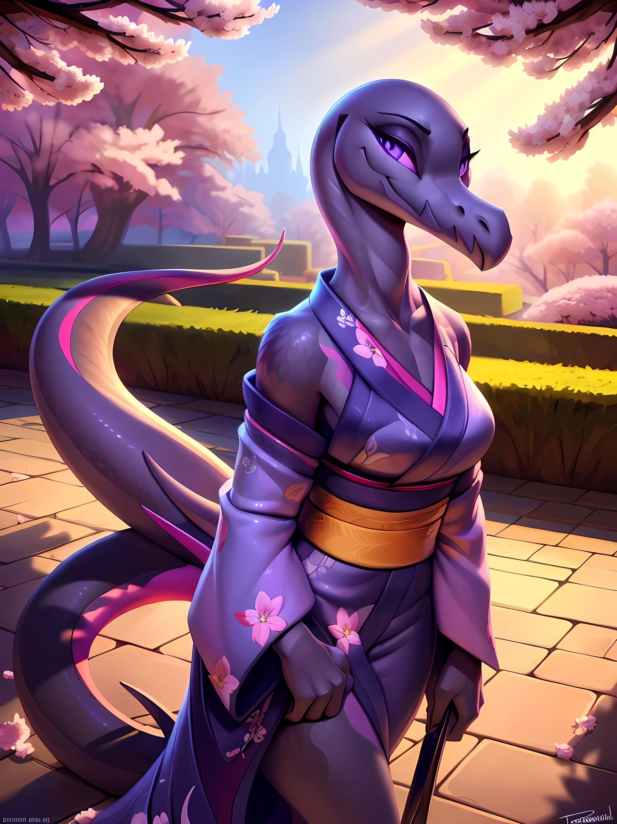 uploaded on e621, ((Salazzle)) by Pixelsketcher, by Bayard Wu, by Thomas Benjamin Kennington , by Einshelm, anthro, ((portrait)), BREAK, ((kimono:1.2)), wearing a kimono, long flowing kimono, flowers design on kimono, full body kimono)), (detailed Bonifasko lighting), (detailed scales), (detailed skin), (female Salazzle), BREAK, ((long flowing tail)), ((facing viewer)), (cinematic lighting), ((detailed background)), ((full body portrait view)), (((full body view))), (half body shadow), [backlighting], [crepuscular ray], [detailed ambient light], [gray natural lighting], [ambient light on the belly], (higher wildlife feral detail), [sharp focus], (shaded), ((masterpiece), medium breasts, furry Salazzle, reptilian face, furry Fantasy Art, furry Art, Commission for High Res, anthro Art, POV furry Art,Sakimichan beautiful, masterpiece, best quality, detailed image, bright colors, detailed face, perfect lighting, perfect shadows, perfect eyes, girl focus, purple eyes, flawless face, face focus, long flowing, reptilian girl, scales, scales woman, dragon nose, large long muzzle, colorful scales, gaze at the viewer, half-closed eyes, 1girl, full body, (masterpiece:1.21), (best quality:1.2), (illustration:1.2), (cinematic lighting:1.3), detailed scales, balanced coloring, global illumination, ray tracing, good lighting, scales, anthro, showing breasts, cleavage, looking at viewer, seductive look, (standing outside, in garden, cherry blossoms, woman looking at viewer, woman looking at camera