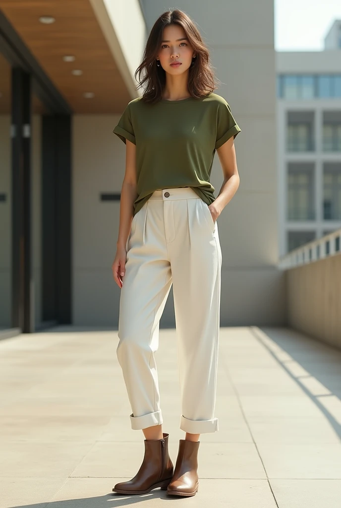 A girl wearing classy outfit, olive colour tshirt white straight loose pant,brown boots 