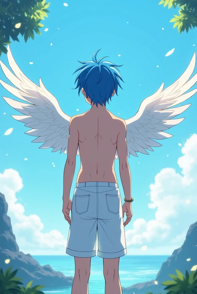 A boy with blue hair on his back with blue hair he is shirtless with angel wings white pants he is enjoying the view and a male boy the image is anime he is standing with his back to the camera, his hair is short