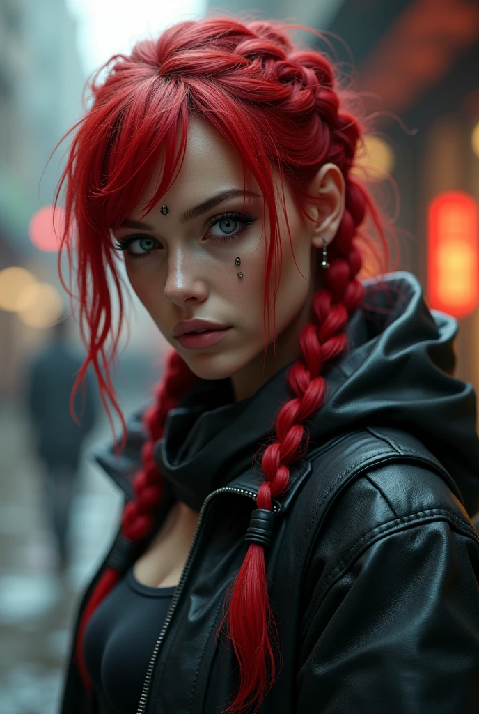 Female character in a book, She is a rebel and hacker with red hair braided to the side., has gray eyes and appears to be 2