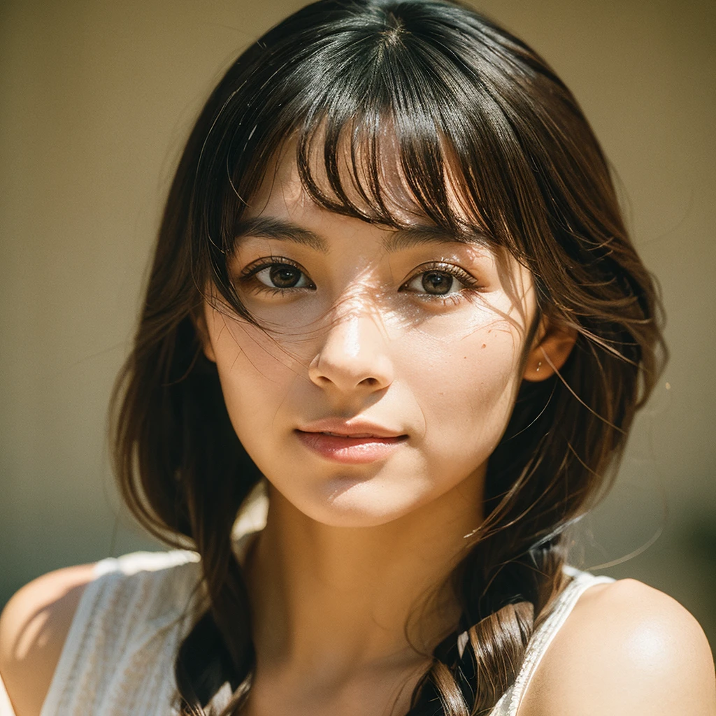 A hyper-realistic image of a single Japanese woman in her early 20s, captured with the rich, nostalgic warmth and pronounced graininess of a film camera. Her skin has a warm beige tone with a natural, slightly rough texture that includes visible pores, fine lines, and subtle imperfections such as small blemishes, enhancing the authenticity of her appearance. The soft, diffused natural light is complemented by the distinctive film grain, creating gentle shadows that lend the image a timeless, organic feel. Her straight, glossy black hair frames her face naturally, and her deep brown eyes reflect the ambient light with a softness characteristic of classic film photography. The film camera effect is further accentuated with a stronger grain and a slight vignette, adding to the overall nostalgic atmosphere while maintaining the realistic texture of her skin. The colors are subtly muted, with warm tones that evoke the aesthetic of vintage film. She is dressed simply, in a way that complements her natural beauty, with the composition designed to evoke a sense of genuine, understated elegance. The enhanced film-like qualities, combined with the natural light and the realistic texture of her skin, ensure that this image captures the imperfections that make her beauty truly lifelike, focusing solely on this one individual.