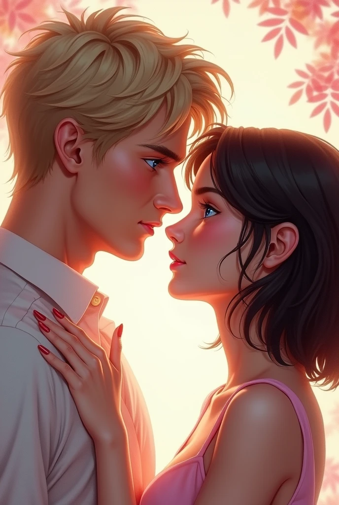 Imagine a cover in pastel tones, I want my protagonists to appear on the cover, looking at each other face to face, straight into the eyes, that your gaze expresses love and desire. 
A man with blond hair, disordered, Blue eyes that look piercingly, of tall stature, marked jaw, prominent and masculine features. WITHOUT BEARD A woman with shoulder-length, semi-wavy black hair, dark brown eyes, with fine and elegant features.

