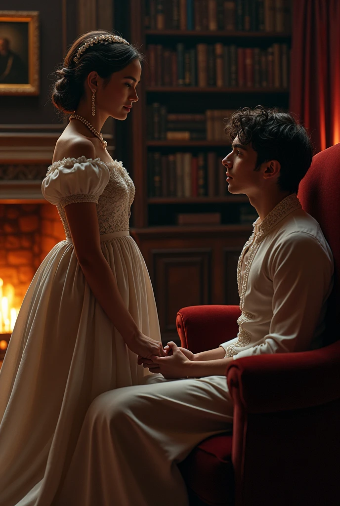 The scene takes place in an opulent palace, where the luxurious corridors now seem charged with tension and uncertainty. the Queen 60 anos e seu filho de 40, The Prince, are in the royal library, a majestic space with dark wooden shelves and a large, blazing fireplace that illuminates the room with a warm, haunting glow.
the Queen, a woman of dignified and serene beauty, is standing near the window, his eyes fixed on the darkness of twilight that stretches over the garden. Her fingers nervously caress a pearl necklace, a gift from her late husband, as if the familiar texture could offer him some comfort. Your silk dress, despite being elegant, seems to weigh more than normal, as if the gravity of the situation was reflected in his tense posture.
The Prince, a young man with a determined but visibly frightened expression, is sitting in one of the velvet armchairs, the rigid posture and hands clasped in her lap. He tries to keep calm, but the paleness of her face and her wide eyes betray her fear. The occasional sound of footsteps in the hallway and the murmur of distant voices just out of sight only heighten the feeling of claustrophobia..
The two share a silent look of understanding and concern.. the Queen se aproxima dThe Prince e se ajoelha ao seu lado, holding your hands firmly. The gesture is an attempt to convey strength and courage, even when the dread is palpable. She murmurs words of comfort and encouragement, trying to hide his own fear in an effort to keep his son's spirits up.