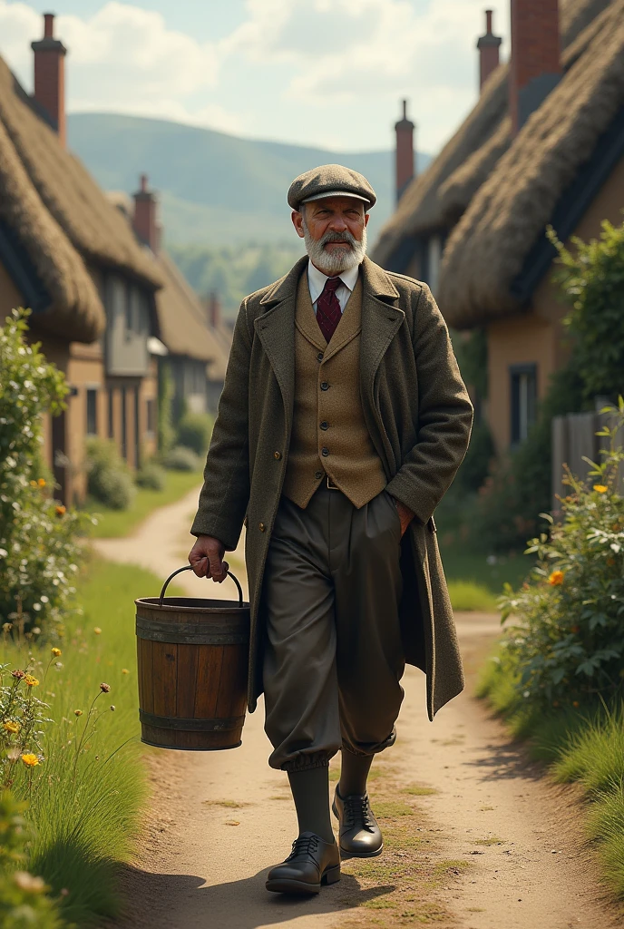 An image of a country gentleman, carrying a bucket, going home, em um vilarejo, country man, photo realist,   ]