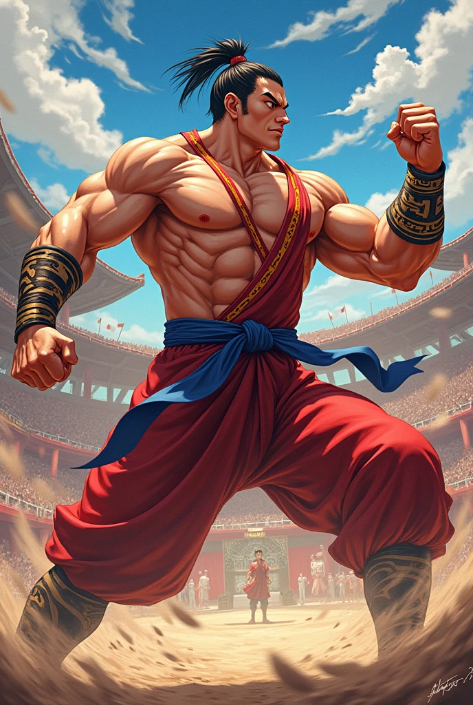 Draw Son Okong dressed in Korean ssireum in the style of a dragon ball cartoon