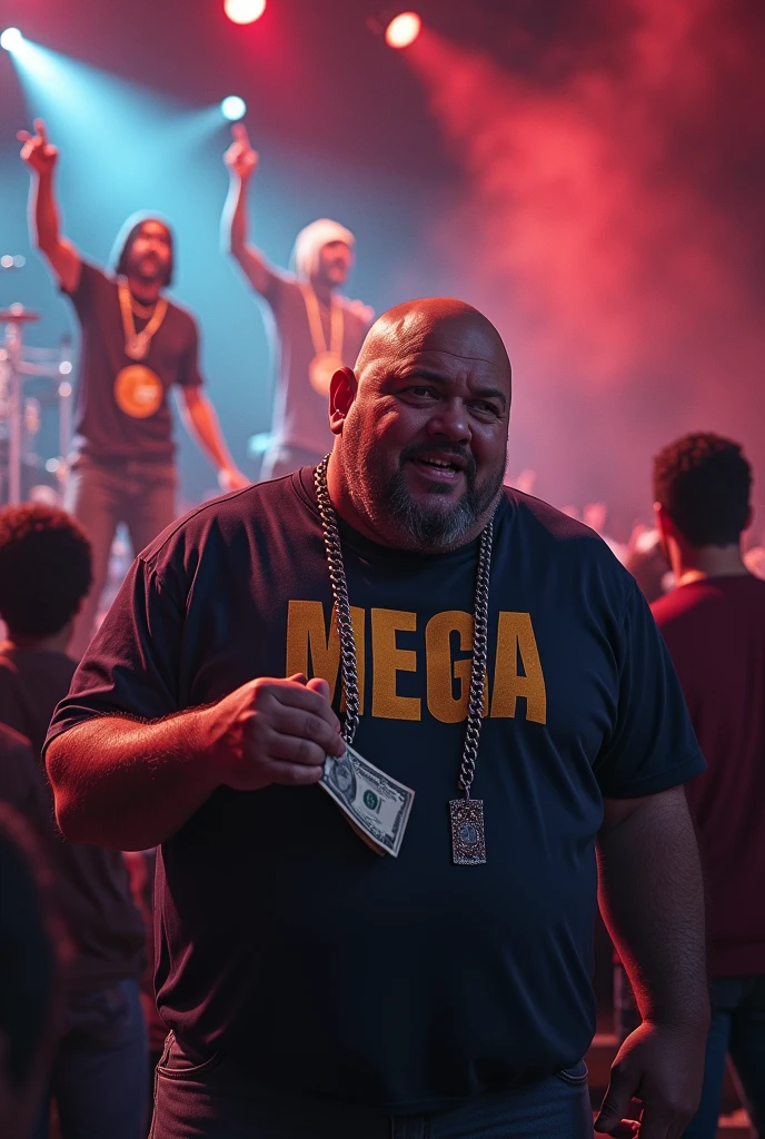 A fat white guy with a mega on his shirt stealing money from a rap event while two people are rapping