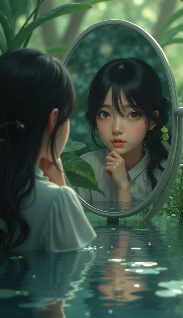 A mirror in a serene environment, reflecting the image of a thoughtful person, symbolizing introspection and self-analysis.