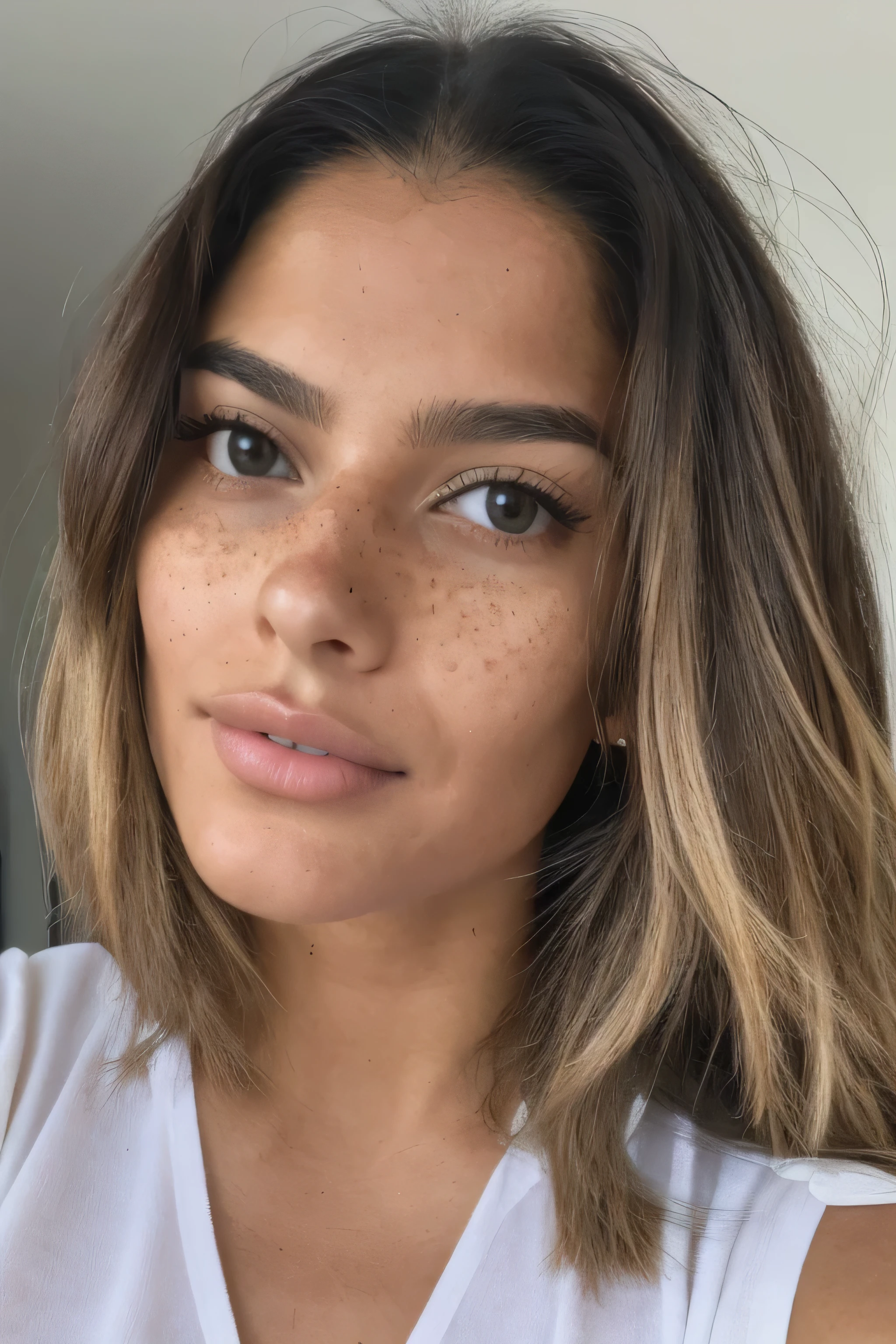 A highly realistic selfie of a 21-year-old Colombian named Emily. Emily is capturing her natural beauty with her phone, showing a close-up of her face. She has long, naturally wavy hair that transitions from a rich dark brown at the roots to a soft blonde at the ends, styled in a casual, everyday look. Her eyes are a warm blend of light brown, honey, and green, full of life and expression. Her fine, handsome face features full lips, slightly rounded nose, and high cheekbones typical of her Colombian heritage, with her lips naturally closed. Emily’s deeply tanned skin glows with warmth, accented by subtle imperfections like light freckles and minor blemishes, giving her a realistic and human appearance. The soft, natural lighting from the bedroom window adds to the authenticity of the scene, creating gentle shadows that enhance the realism. The background shows her simple, tidy room, blurred enough to keep the focus on her face. The image is rendered with cinematic quality, capturing every detail in a lifelike, hyper-realistic manner, making her appear as a real girl, not a robot.
