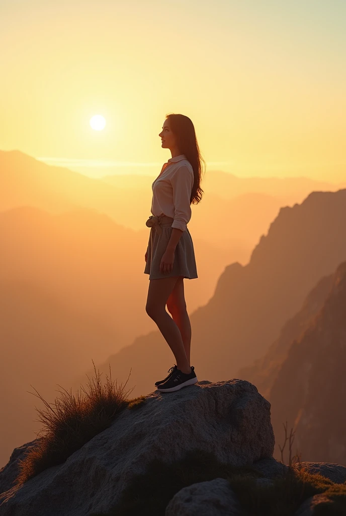 Show the Capricorn woman standing confidently at the summit of a mountain, her posture relaxed yet strong, symbolizing the achievement of her goals. The background is a panoramic view of the landscape below, with the morning sun casting a soft, golden glow over the scene. Her expression is one of quiet satisfaction, embodying the fulfillment that comes from hard work and persistence. The colors are warm and earthy, with the golden light highlighting her success and the serene atmosphere reflecting her inner peace."