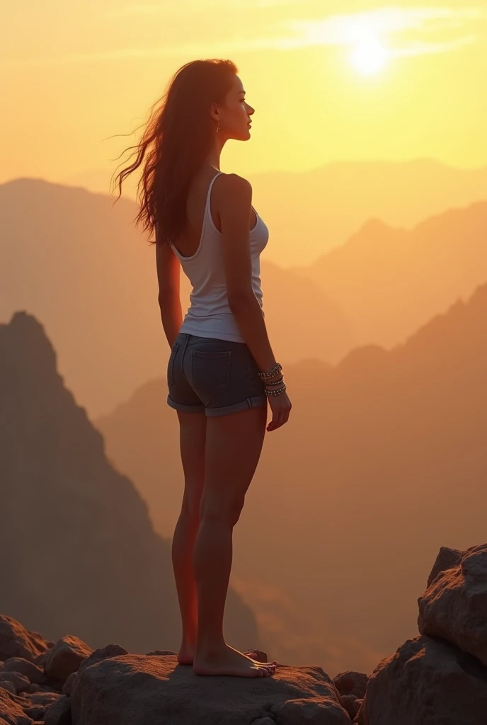 Show the Capricorn woman standing confidently at the summit of a mountain, her posture relaxed yet strong, symbolizing the achievement of her goals. The background is a panoramic view of the landscape below, with the morning sun casting a soft, golden glow over the scene. Her expression is one of quiet satisfaction, embodying the fulfillment that comes from hard work and persistence. The colors are warm and earthy, with the golden light highlighting her success and the serene atmosphere reflecting her inner peace."