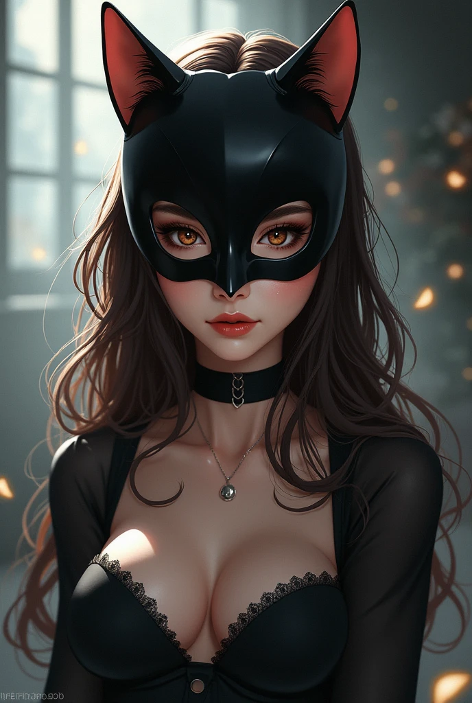 Sexy anime girl with cat mask long dark brown hair