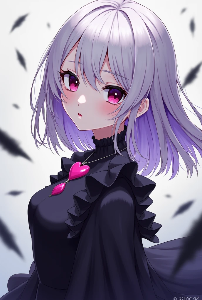 (best quality), ultra res, highly detailed, turned at viewer, anime style, (face shoot), medium length hair, white hair with lilac at the ends, black gothic dress, goth dress, (looking at viewer), heart symbol on her right side of face, dark makeup, wearing a necklace with a big pink heart pendant, straight hair.