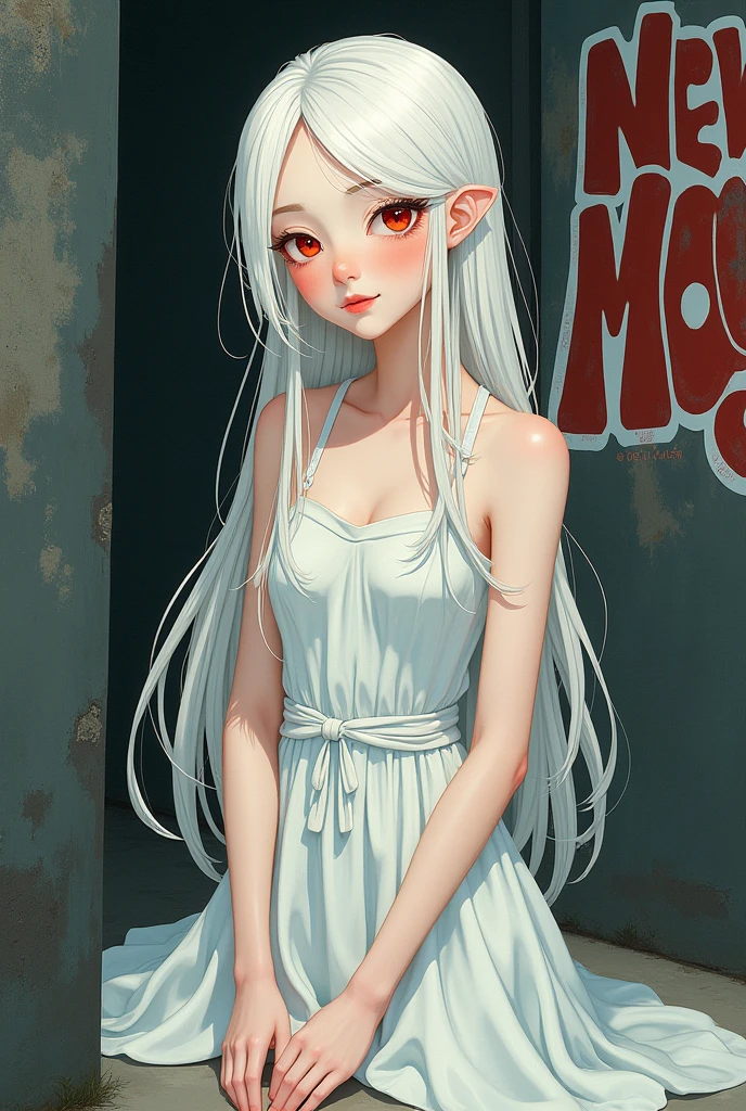 Ghibli style image of a 24 year old albino woman, with short white dress, Red eyes, Long hair, smiling. 


The background of the image is a black wall, with a graffiti that says: New Moon Village