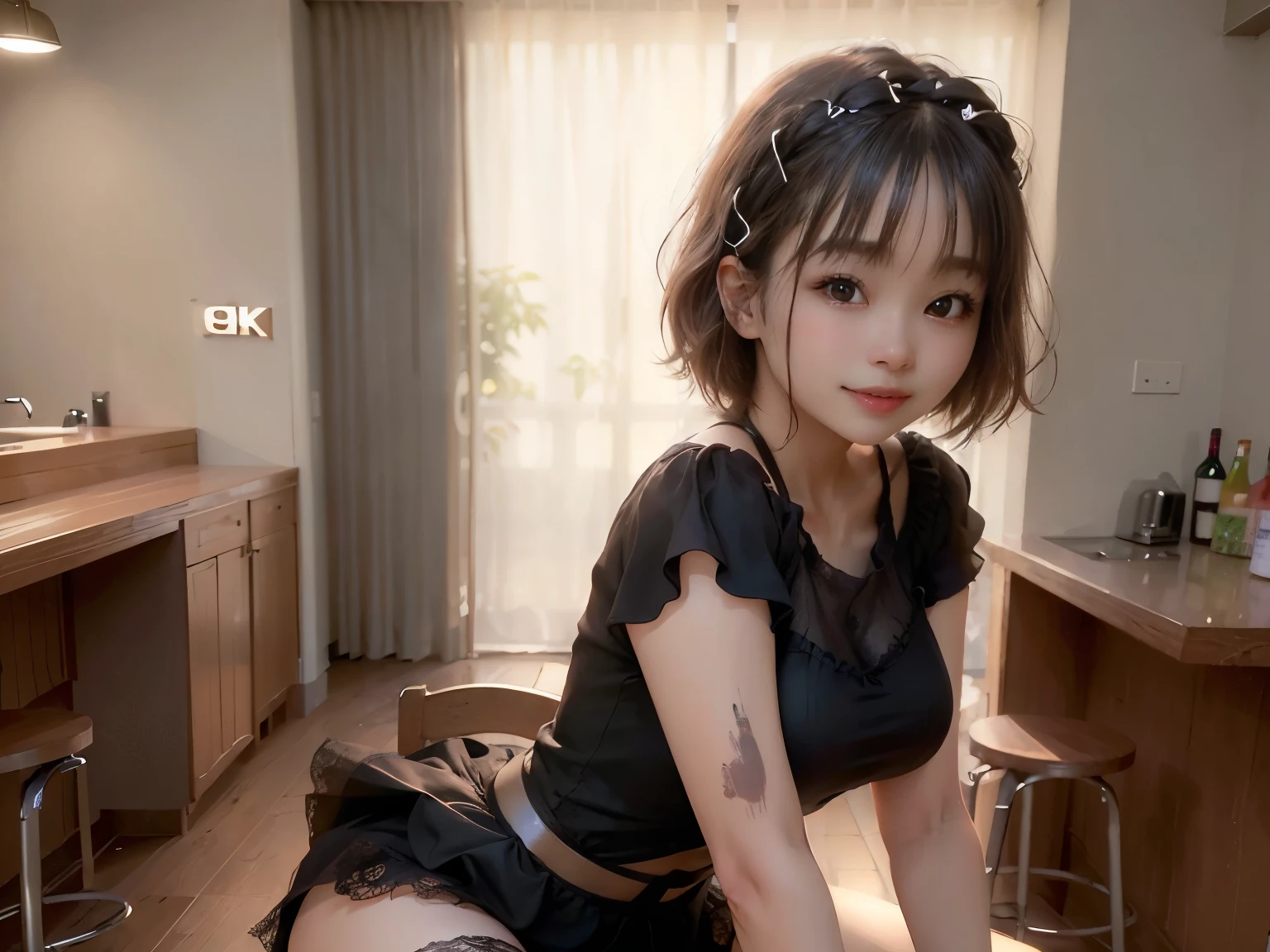 (Highest quality, masterpiece, Ultra-high resolution, 8k, RAW Photos, Realistic, Anatomically correct:1.5), 20-year-old girl:1.2, Embarrassing, avert your eyes, blush:1.0, View Viewer, ((bar)) 、Large windows、Night view、 Light:1.2, Bokeh, Cinema Lighting:1.0, Depth of written boundary, sharp、 Cute Face、Idol、(Black short sleeve lace top)、(Black tulle skirt)、”(dwarf)”、(Full Body Shot)、(Side angle)、Cowboy Shot、( smile)、((Ultra short hair、Berry Short))、(Straight bangs)、((See-through))、(( One woman))、Waist、(I can see your thighs)、look back、I can see your belly button、